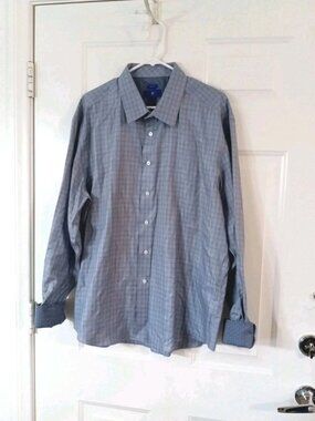 Egara Men's XXL Blue Plaid Button Up Shirt Flip Cuff Non Iron 100% Cotton